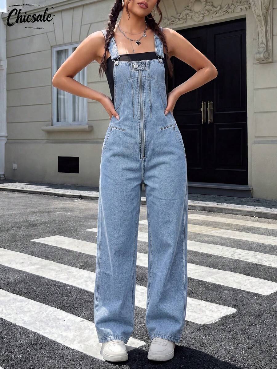 Women's Washed Denim Overalls With Front Zipper Design, Loose Straight Leg Jumpsuit, Summer Outfit Casual Fall - Light Wash - View 1