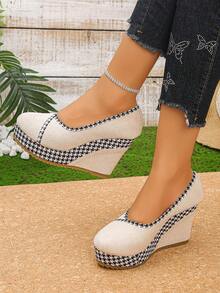 Women's Linen Trim Round Toe Wedge Pumps, Vintage Casual Thick Sole Height-Increasing Shoes For Spring/Summer Commute - Beige - View 4