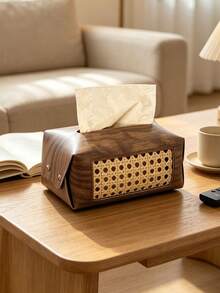1pc Wood‑Grain Rattan Splicing Tissue Box Cover, Retro PU Leather Rectangular With Hollow Woven Panel & Snap Button, Dust‑Proof Storage Make Up Storage Organiser Desktop Decor, For Living Room Bedroom Hotel Daily Use All‑Season Household Ornament - Multicolor - View 10