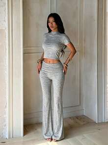 Women's Autumn Fashion Casual Solid Color Short Sleeve Top And Ruched Pants 2 Pieces Set - Grey - View 5