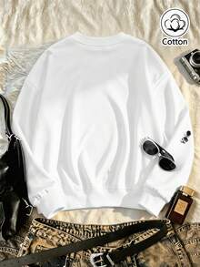 Women's Relaxed Fit Casual Crew Neck Sweatshirt With Colorful Letter Print, Soft Cotton Long Sleeve Pullover For Everyday Spring & Autumn Fashion - White - View 5