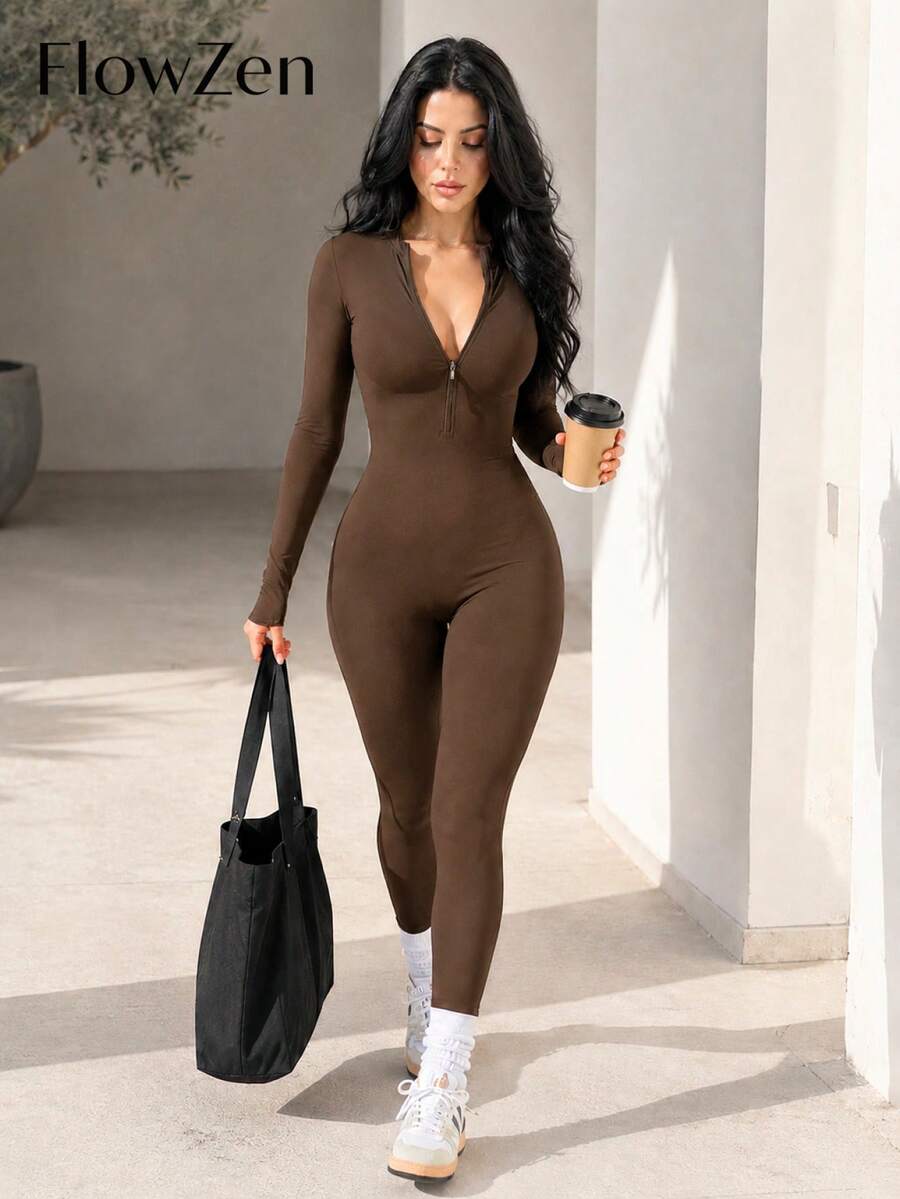 FlowZen Women's Spring/Summer New Half-Zip Stand Collar Long Sleeve Athletic Jumpsuit, Slim Fit Tummy Control Butt Lifting Tight Fitness Jumpsuit, Elastic Shaping Yoga Jumpsuit, Minimalist Sexy Premium Style, Suitable For Daily, Casual, Fitness, Running, Vacation, Date, Street, Outdoor Sports, Back To School, Performance, Music Festival, Thanksgiving, Valentine's Day, New Year, Party - Coffee Brown - View 1