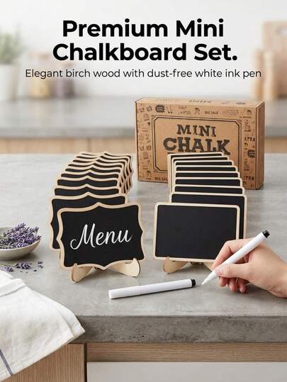 10pcs Mini Chalkboard Signs With Stand, Small Erasable Wooden Desktop Message Board, Mini Chalkboard, Desktop Label, Food Identification Sign, Buffet Sign, Wedding Dessert Table Label, Erasable Message Board, Party Decoration, Wooden Sign Suitable For Wedding, Party, Food Label And Buffet Sign, Wavy And Rectangular Design