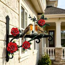 Iron Outdoor Hanging Bracket With Robin Rose Wreath Design, Vibrant Colors, Double-Sided Painting, Includes Screws, Decorative And Practical, Sturdy Iron Material; Suitable For Hanging Bird Feeders, Wind Chimes, Flower Baskets - 1pcs - View 3
