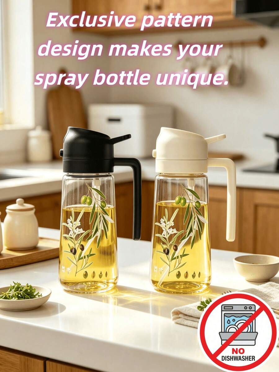 1pc Unique Hand-Painted Olive Branch Pattern PP Material Oil Bottle, One-Of-A-Kind With Handle Automatic Flip Lid Leak-Proof Oil Dispenser, Exclusive Olive Kitchen Cooking Baking Olive Oil And Vinegar Storage Container