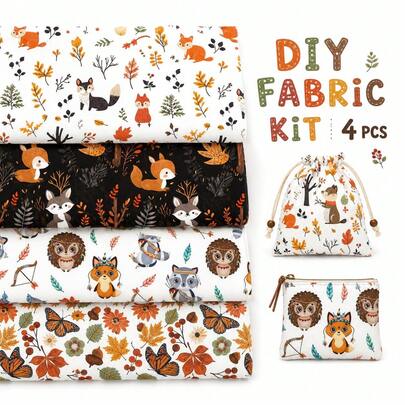 4pcs/Set Polyester Quilting Fabric Fat Quarter Bundle 17.7x19.68inch(45x50cm) Squirrel Fox Butterfly Maple Leaf Pinecones Print Precut Squares For Patchwork, DIY Crafts Projects, DIY Wallet Making