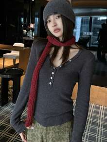 Women's Fitted Long Sleeve Knit Top With Square Neck And Half-Open Collar, Korean Style Casual Versatile Base Layer Top For Autumn - Dark Grey - View 3