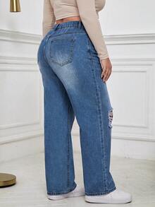 Plus Size Women's Casual Straight Leg Jeans, Distressed Design, Everyday Wear, Elegant Y2K Style, Suitable For Autumn/Winter - Blue - View 5