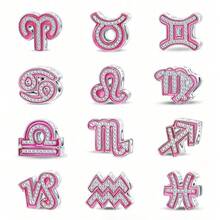 1pc Silver-Plated 12 Zodiac Signs Hollow Beads, Full Set Of Zodiac Symbols With Soft Pink Enamel And Full Zirconia Stones, Sweet Girl Style, Suitable For Various Basic Bracelets And Necklaces, Handmade DIY Jewelry Accessories, Zodiac Memorial Gift Accessories - Multicolor - View 1