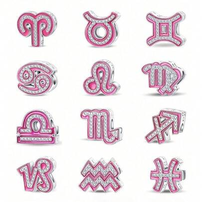 1 Stück versilberte Cut Out Perlen mit 12 Sternzeichen, komplettes Set von Sternzeichen-Symbolen mit zartrosa Emaille und vollständigen Zirkonia-Steinen, süßer Mädchenstil, geeignet für verschiedene Basis-Armbänder und Halsketten, handgefertigtes DIY-Schmuckzubehör, Sternzeichen-Gedenkgeschenk-Zubehör