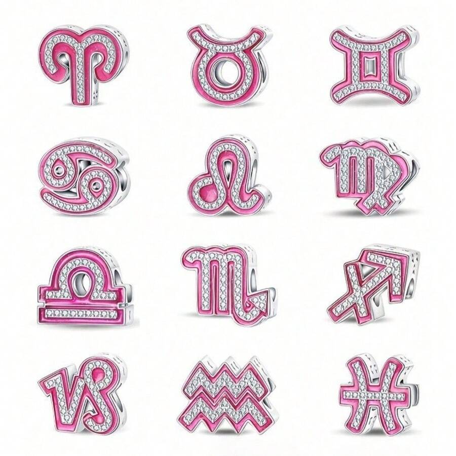 1pc Silver-Plated 12 Zodiac Signs Hollow Beads, Full Set Of Zodiac Symbols With Soft Pink Enamel And Full Zirconia Stones, Sweet Girl Style, Suitable For Various Basic Bracelets And Necklaces, Handmade DIY Jewelry Accessories, Zodiac Memorial Gift Accessories - Multicolor - View 1