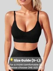 1pc Women's Solid Color Casual Racerback Sports Bra, Seamless Comfortable Spaghetti Strap Sexy V-Neck Fashion Sports Tank Top, Autumn Black - Black - View 3