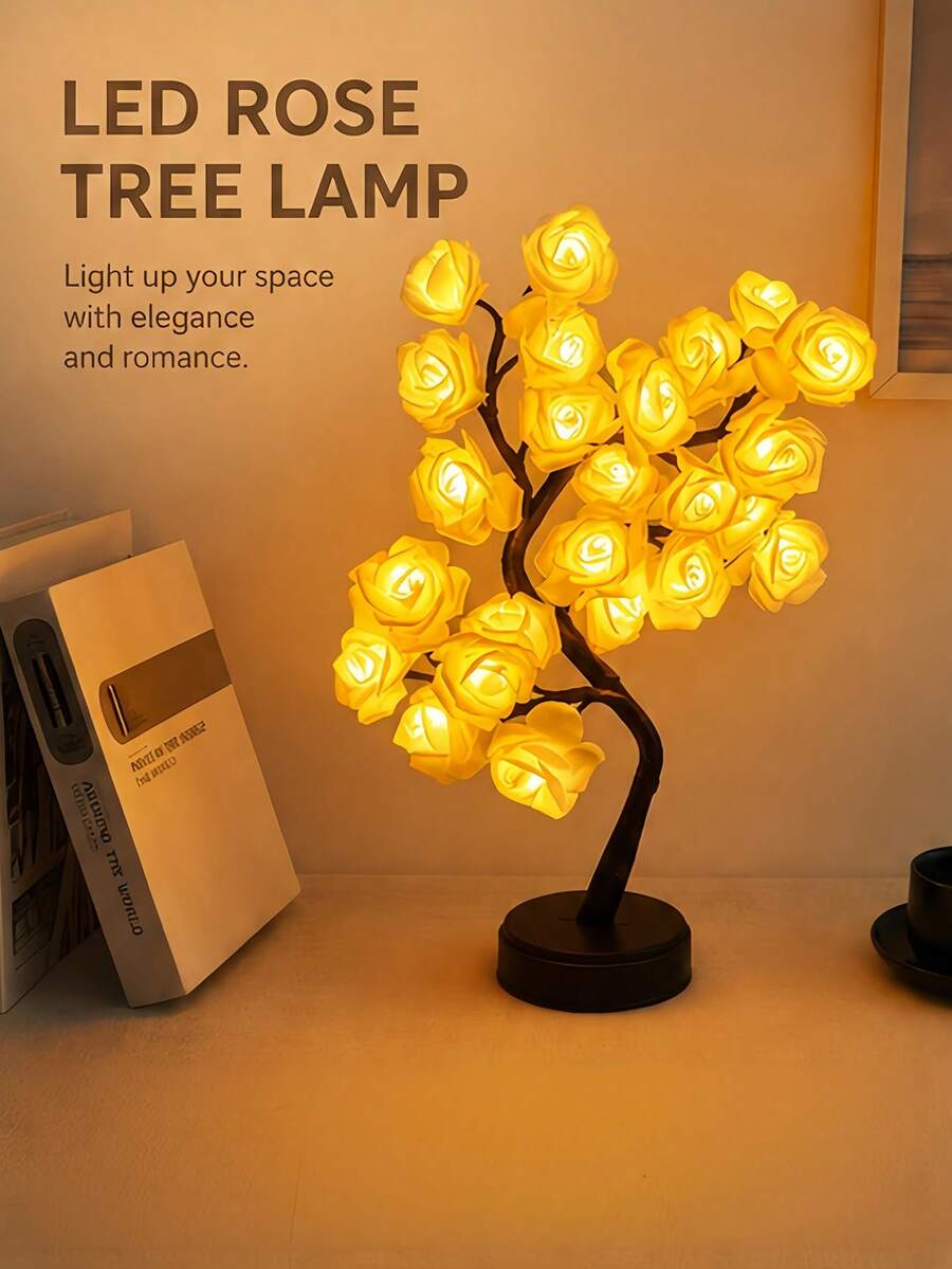 LED Rose Tree Lamp Warm White Artificial Flower Bonsai Light Adjustable Branches Romantic Decorative Table Lamp Bedroom Living Room Dining Room Office Wedding Party Indoor Home Decor - A - View 1