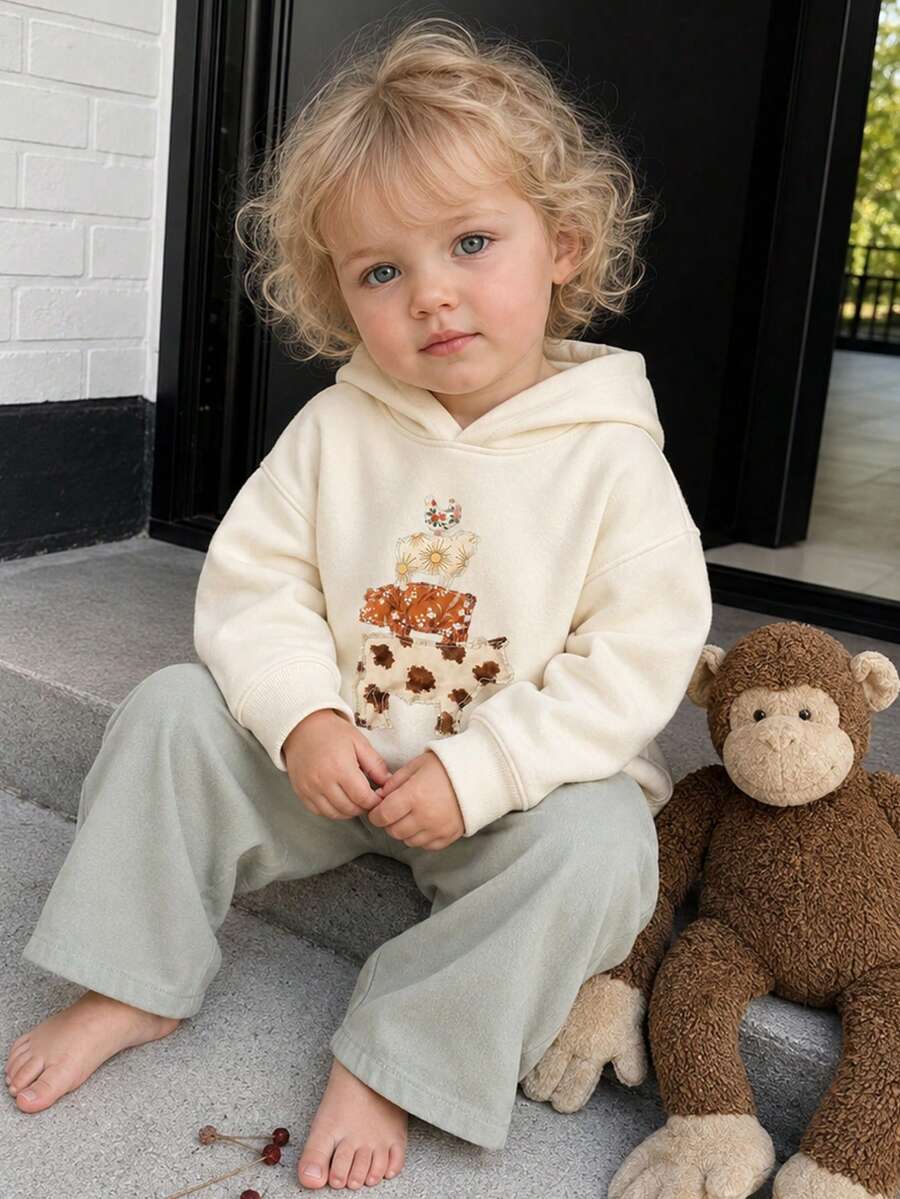 1pc Thickened Warm Hooded Sweatshirt, Children's Long Sleeve Top, Suitable For Young Female Students, Autumn/Winter Style - Apricot - View 1
