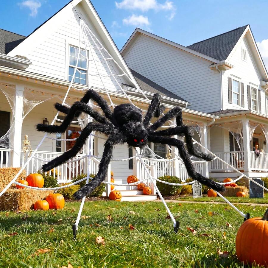 Halloween Decorations: Black Giant Spider, White Triangular Spider Web. Spider Webs Are Suitable For Outdoor And Indoor Decoration Of The Halloween Theme