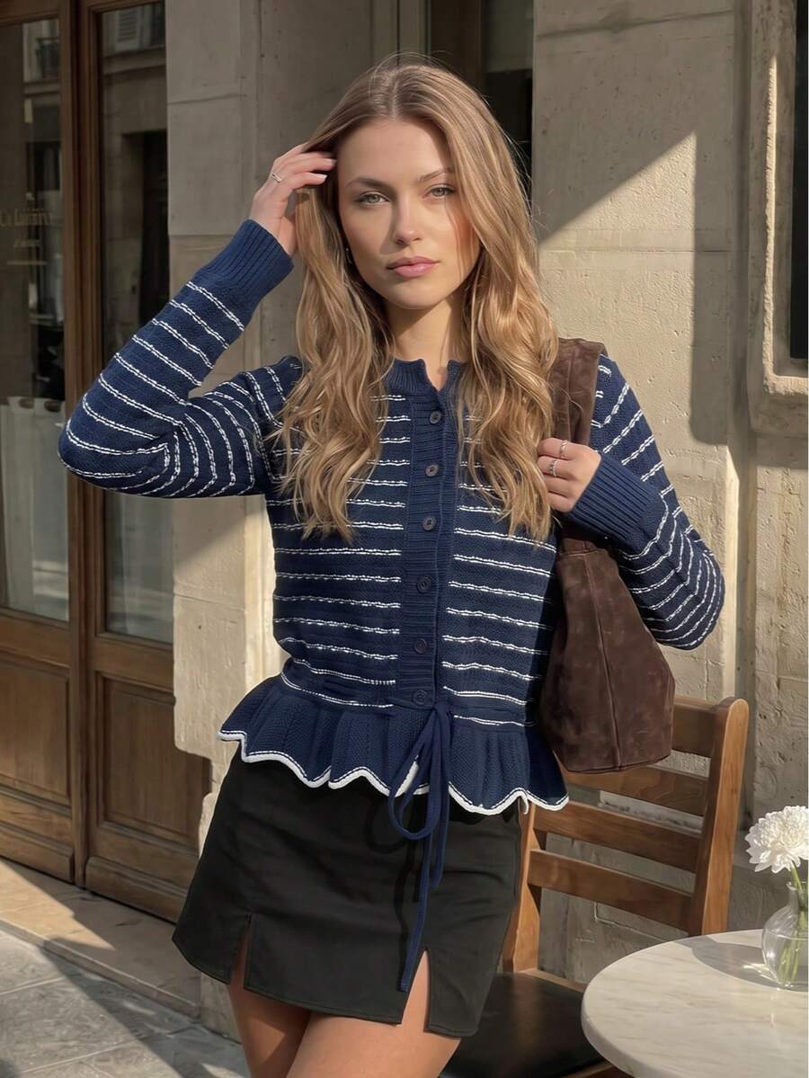 Women Fall Striped Knit Cardigan, Round Neck Long Sleeve Button Front Sweater, Ruffle Hem Drawstring Waist Casual Going Out Tops - Blue and White - View 1