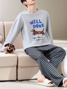 2pcs/Set Men's Pajamas Loungewear Set, Pullover Round Neck Couple Style Cute Animal Print Long Sleeve Long Pants Comfortable Home Wear - Grey - View 8