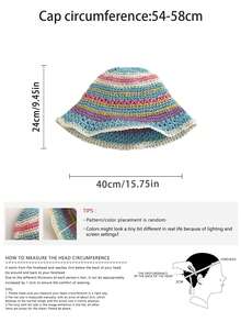 Dopamine Striped Straw Fisherman Hat Women Summer Hollow Out Breathable Bucket Hat Slimming Face Sun Protection Sun Hat Plus Size Rainbow Striped Hollow Straw Hat Women Travel Outdoor Sun Protection Face Covering Sun Hat Women New Wide Brim Slimming Face Large Head Circumference Handmade Woven Large Size Fisherman Hat Vacation Beach Bucket Hat Back To School - Multicolor - View 3