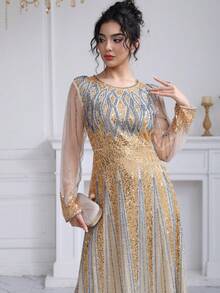 JINLICX Glamorous Women's Long Sleeve Sequin And Beaded Plus Size Formal Dress Round Neck Prom Gown With Elegant Design - Champagne - View 5