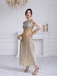 JINLICX Glamorous Women's Long Sleeve Sequin And Beaded Plus Size Formal Dress Round Neck Prom Gown With Elegant Design - Champagne - View 6