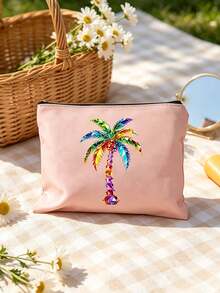 Colorful Rhinestone Palm Tree Print Cosmetic Bag, Zipper Portable Makeup Pouch, Multifunctional Travel Toiletry Organizer Coin Purse, Beach Vacation Accessory Gift For Women - Multicolor - View 6