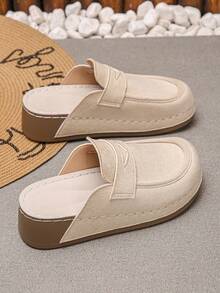 Women's Thick Sole Platform Wedge Mule Slippers, Solid Color Round Toe Casual Slip-On Shoes For Spring And Autumn Daily Wear, Beige Half-Back Slippers - Beige - View 7