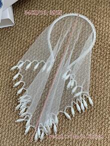 1PC Handmade Crystal And Pearl‑Edged Mesh Headband, Off‑White Beach Vacation Style Headscarf, Bridal Veil Hair Accessory - Off-white - View 9