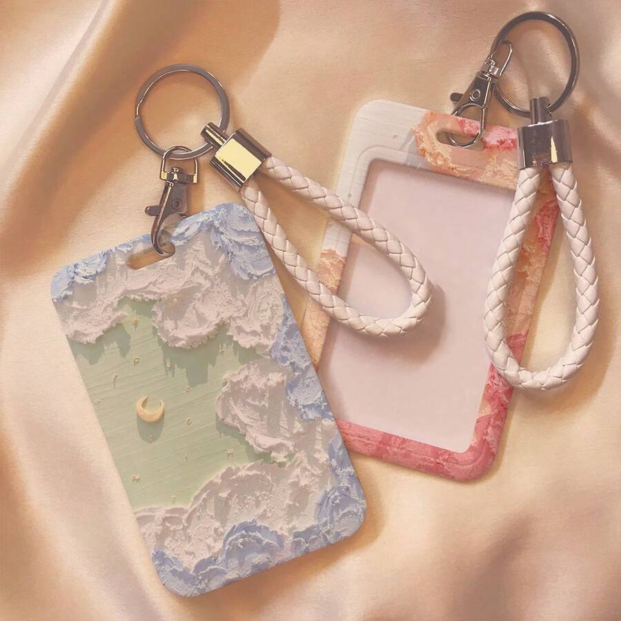 Macaron Color Cloud & Moon Oil Painting Card Holder, Aesthetic Pastoral Style ID Badge Holder With Woven Wrist Strap Lanyard Keychain, For Girls Students Campus Bus Card - Multicolor - View 1