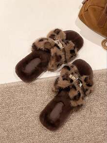 Women's Leopard Print Flat Metal Buckle Open Toe Fuzzy Slippers, New Autumn/Winter Outdoor Wear, Low Heel Plush Slippers, Beach Fine Fur Home Slippers - Leopard Print - View 5