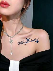 6 Sheet Blue Ink Lettering Temporary Tattoo Stickers, Gothic Cursive Inspirational Texts With Rose Butterfly Designs, Waterproof Body Art Decals, Apply On Collarbone, Arm, Shoulder, Cool Literary Daily Decor - Black - View 4