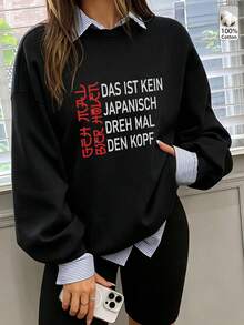 Oversized Women's Sweatshirt For Autumn/Winter, Casual Daily Wear, Long Sleeve Hoodie, Outerwear Top, Y2K, Letter Slogan Graphic, Unisex,Black - Black - View 4