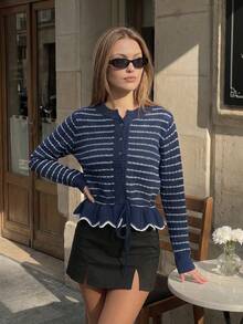 Cardigan Rajut Bergaris Wanita Musim Gugur, Sweater Lengan Panjang Leher Bulat Kancing Depan, Hem Berkerut dengan Tali Serut di Pinggang, Atasan Kasual untuk Bepergian. - Blue and White - View 7