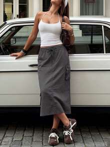 Women Fall Elegant Cargo Midi Skirt, Elastic Drawstring Waist Side Pocket Back Split Straight Skirt For Holiday Festival - Grey - View 7