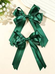 2pcs Green Ribbon Bow Hair Clips, Green Satin Ribbon Hair Accessories, Suitable For Daily Wear And Outings, Perfect Gift Choice - Green - View 2