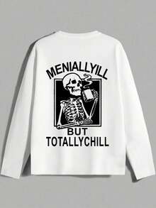 Men's Skull & English Slogan Print Pocket Long Sleeve T-Shirt, Streetwear Style, Long Sleeve Top - White - View 3