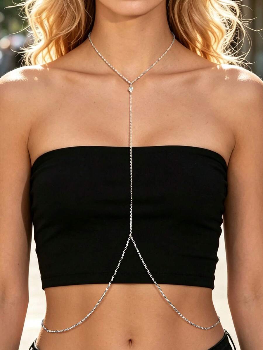 1 pieza Cadena corporal larga de plata personalizada para mujer para la playa - Plateado - Ver 1
