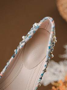 Heavy Beaded Rhinestone Pointed Toe Low Heel Women's Slip-On Shoes, Vintage Jacquard Fabric Party Wedding Shoes - Color - View 7
