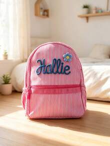 1pc Customized Name Macaron Striped Pink Girly Backpack, Portable Lightweight Travel Student Bag, Embroidered Name Back To School Gift, Personalized Gift - Multicolor - View 8