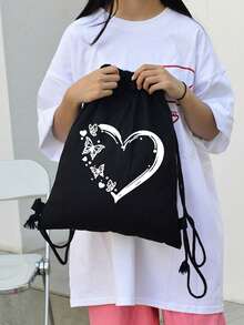 New Canvas Drawstring Bucket Bag One Shoulder Shopping Student Backpack - Black - View 6