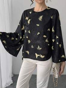 Spring/Autumn Women's Chinese Style Top, Black Cheongsam Round Neck Short Blouse, Frog Button Dark Pattern Butterfly Print Asymmetric Collar Long Flared Sleeve Elegant Tang Suit Shirt Hanfu Jacket - Black - View 6