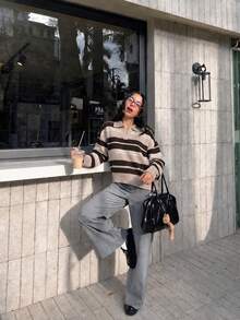 Joy Knit 女款針織毛衣 秋冬時尚新款 基礎上衣 優雅極簡休閒百搭 彩色條紋撞色翻領 寬鬆長袖針織上衣 適合辦公穿搭 外出聚會 派對 節慶 生日 海灘 - 卡其+棕色 - 查看 6