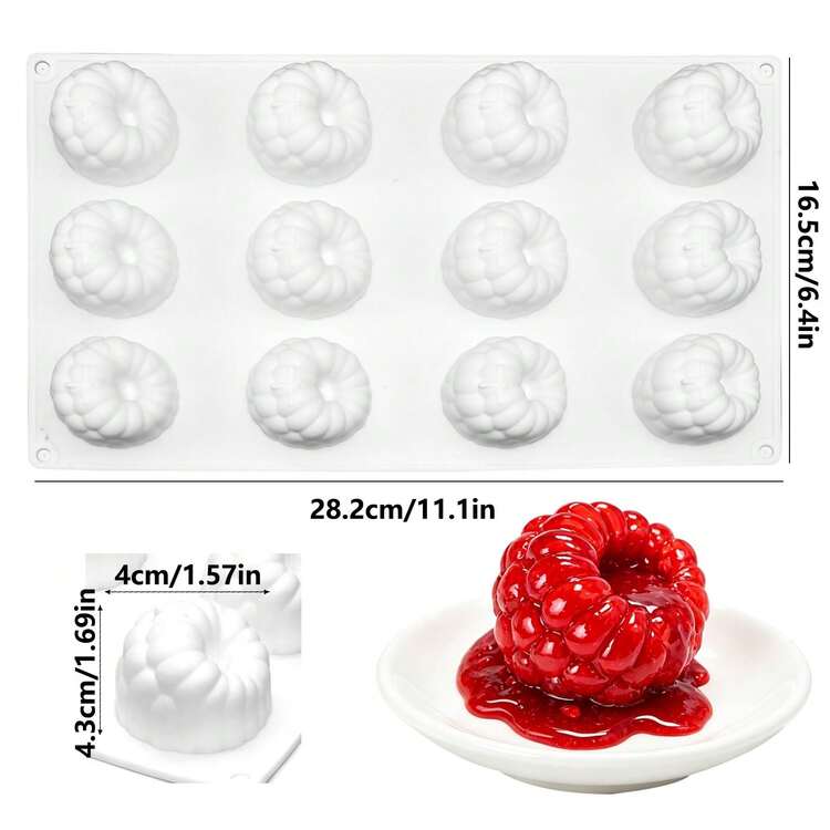 3D 覆盆子矽膠模具，適用於慕斯蛋糕，12格水果布丁覆盆子模具，水果矽膠烘焙模具，可用於烘焙蛋糕、布丁、冰淇淋 (12格覆盆子) - 查看 9