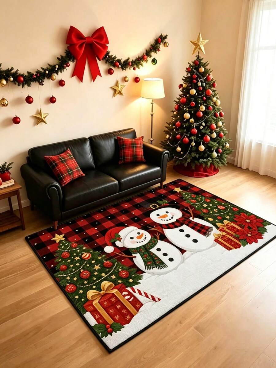 1pc Plaid Background With 2 Snowmen Christmas Tree Rectangular Crystal Velvet Rug, Christmas, Decorative Rug, Bedroom Decor, Large Rug, Rug, Home Decor, Living Room Rug, Living Room Small Rug, Bedroom Rug, Living Room Home Decor, Outdoor Rug, Washable Rug - Multicolor - View 1