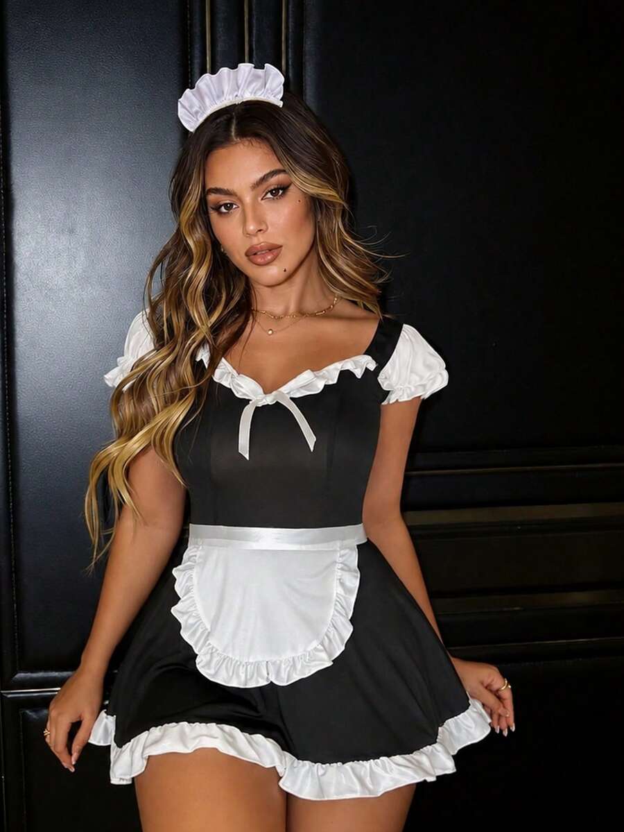 Halloween Maid Costume Set, Includes Sexy Role Play Nightgown And Apron, Size S-XL, Suitable For Private Parties - Black - View 1