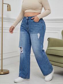 Plus Size Women's Casual Straight Leg Jeans, Distressed Design, Everyday Wear, Elegant Y2K Style, Suitable For Autumn/Winter - Blue - View 6