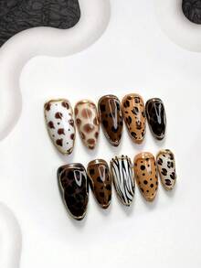 10件組美拉德動物印花手工穿戴式美甲，Polygel美甲套組，斑馬紋、豹紋、棕色與白色美甲，酷感風格，附美甲工具，3種尺寸可選，杏仁形、鴨嘴形、棺材形，適合派對、跳舞、日常配戴 - 彩色 - 查看 19
