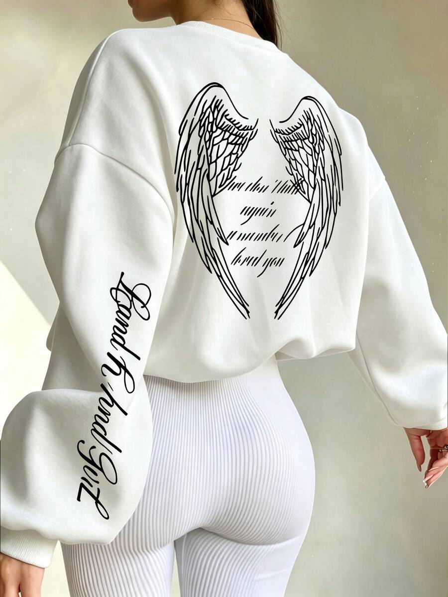 Classic Crew Neck Sweatshirt For Autumn And Winter, Simple Angel Wing Print, Oversized Sweatshirt In Streetwear Style, Fashionable Outfit For Pend - White - View 1