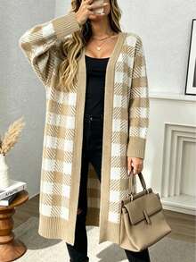 Plus Size Casual Fashion Colorblock Plaid V-Neck Mid-Length Long Sleeve Knit Cardigan - Khaki - View 1