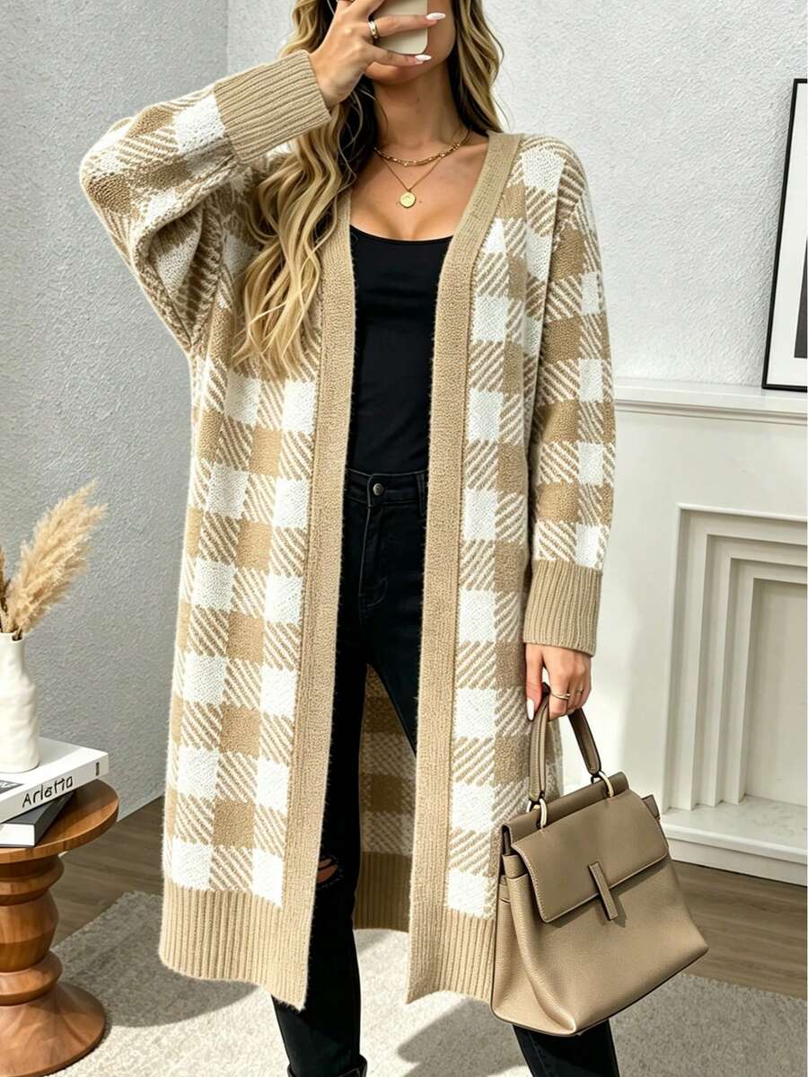 Plus Size Casual Fashion Colorblock Plaid V-Neck Mid-Length Long Sleeve Knit Cardigan - Khaki - View 1