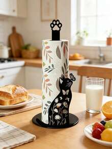 2D Design Cat & Butterfly Paper Towel Holder, Cute Black Cat Decor, Cat Lover Decoration, Vintage Farmhouse Style, Kitchen Countertop & Bathroom Vertical Toilet Paper Storage Rack, Creative Animal Silhouette, Decorative Home Storage Rack - Multicolor - View 1